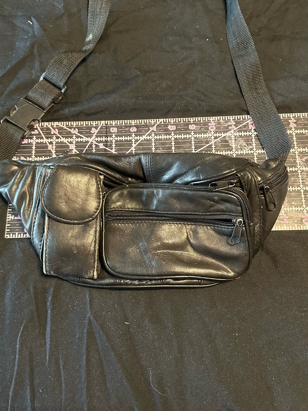 Black Leather Waist Bag with Multiple Pockets
